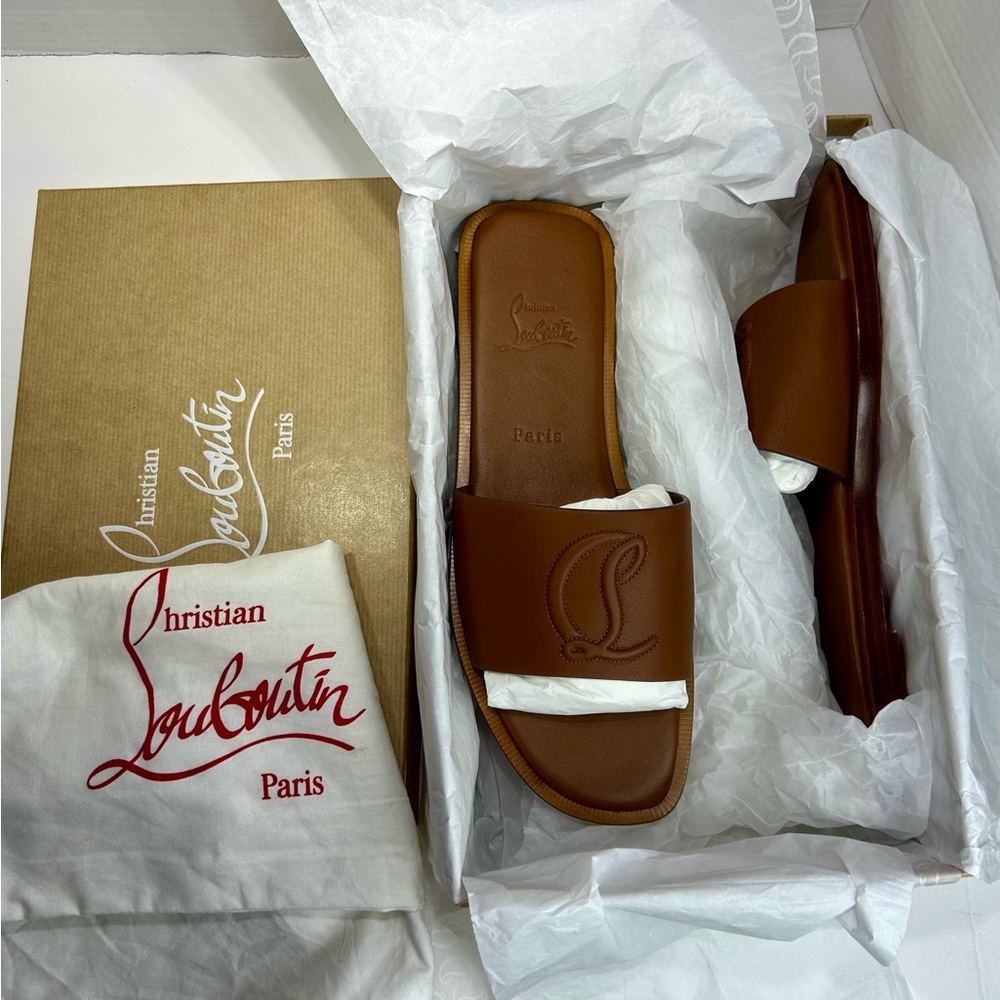 CHRISTIAN LOUBOUTIN CL MULE FLAT SANDAL EMBROIDERED LOGO BROWN LEATHER SZ 39 NEW - Picture 13 of 15